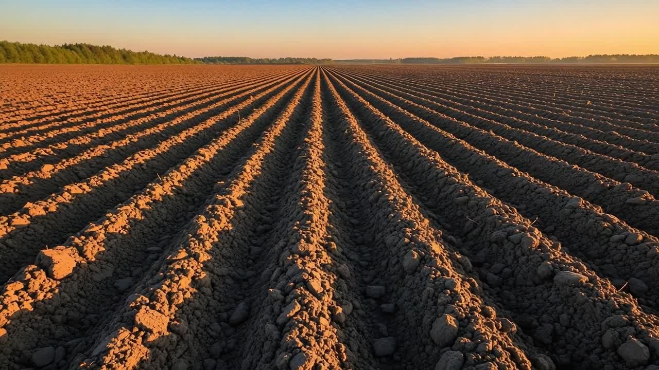 Breathtaking Sunset Over Plowed Field: Captivating Lines of Soil and Nature's Beauty Unfold in a Serene Landscape at Dusk