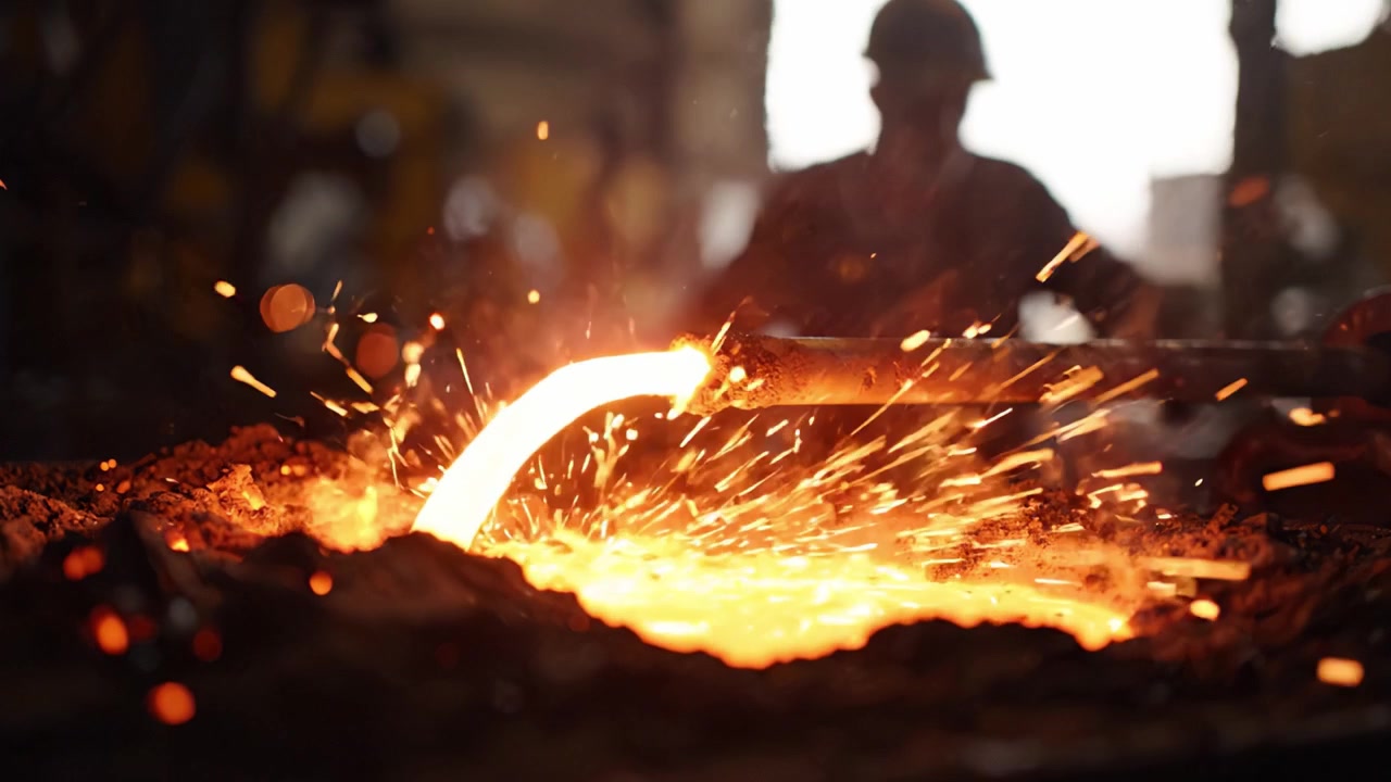 Molten Metal Flowing from a Crucible in a Foundry with Hot Sparks in a Metalworking Environment, Showcasing the Art of Metal Casting and Forging Techniques