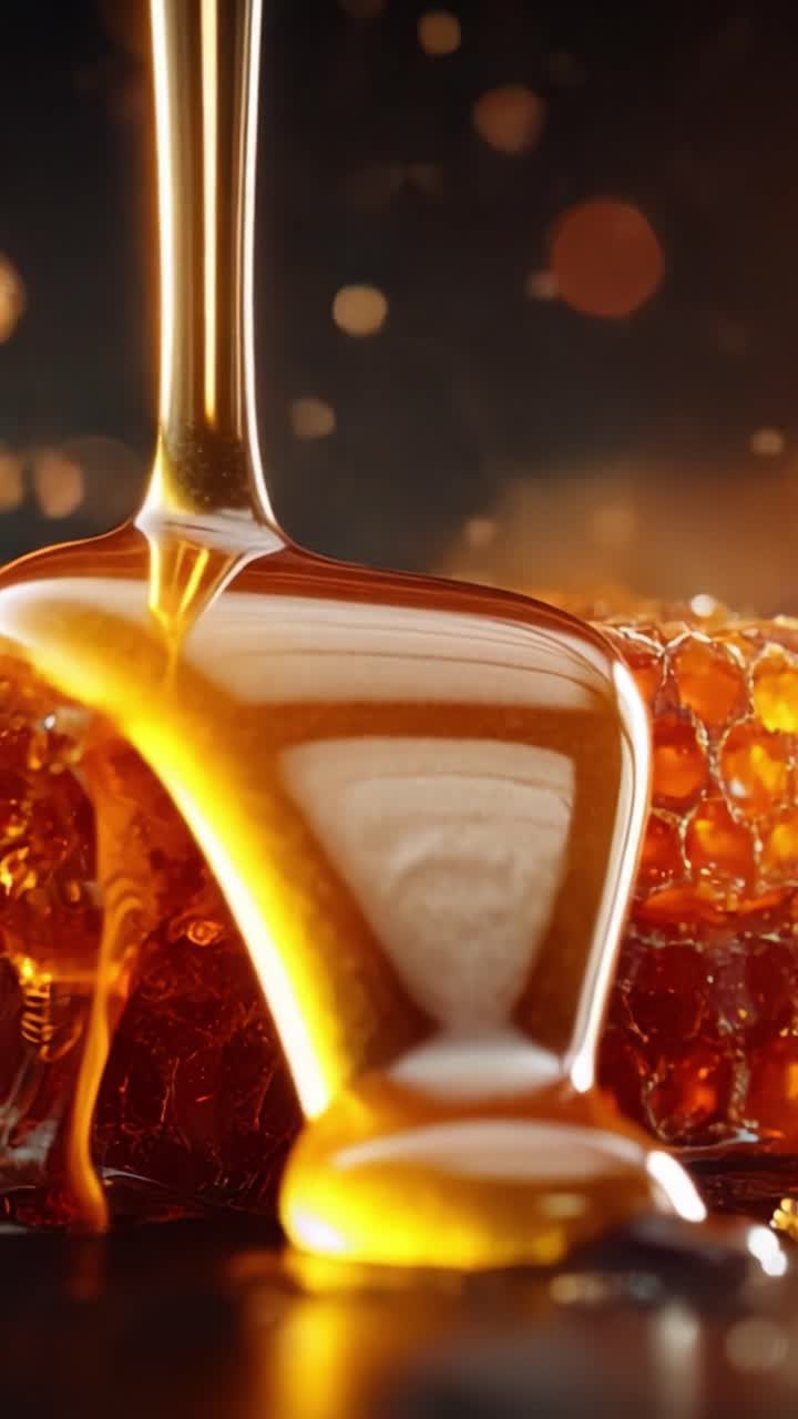 Un primo piano accattivante di miele dorato che cola sul favo, che mostra la sua consistenza viscosa e la sua calda tonalità ambrata su uno sfondo morbido e sfocato.