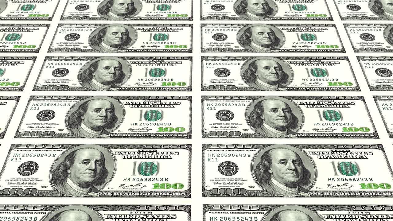 los billetes de 100 dólares en perspectiva 3d a distancia. en bucle.
