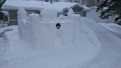 Drone-Shot--of-a-snow-fort,-Bowser-Castle