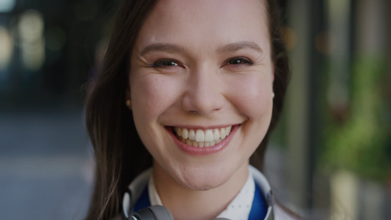 retrato de cerca joven hermosa mujer de negocios sonriendo alegre disfrutando de una carrera exitosa estilo de vida en la ciudad el viento soplando el cabello cámara lenta
