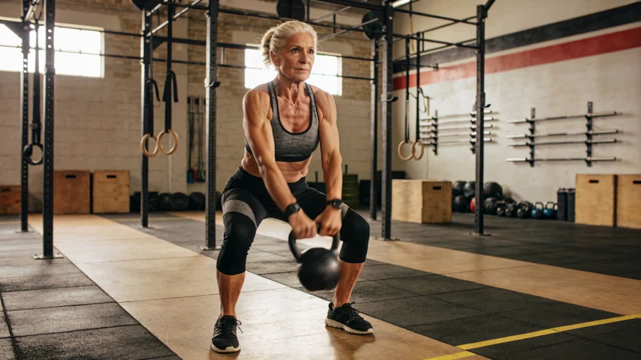 Donna matura che spinge i fianchi, oscillando un kettlebell in una palestra di CrossFit, con un top scuro, per aumentare la forza.