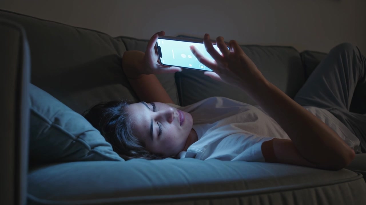 Reclining woman wearing light shirt, holding bright phone lighting face, scrolling on home sofa