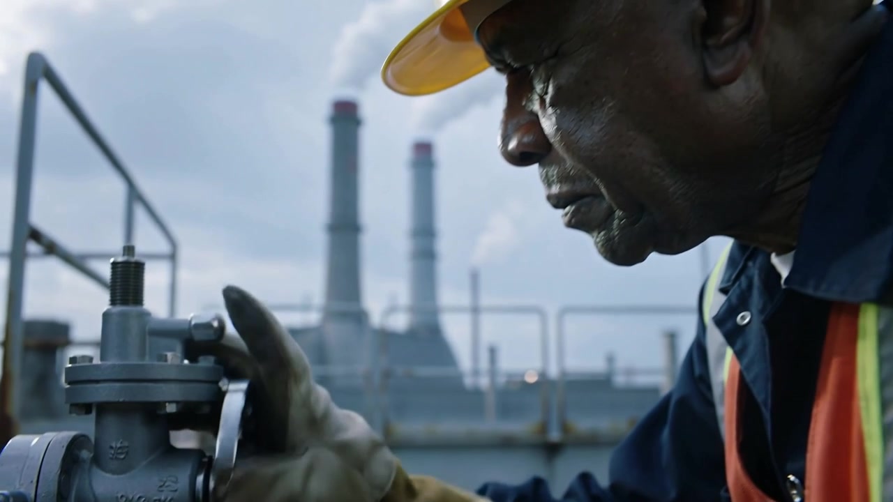 Entering gloved hand, worker yellow helmet, vest turning valve on plant deck, checking, copy space