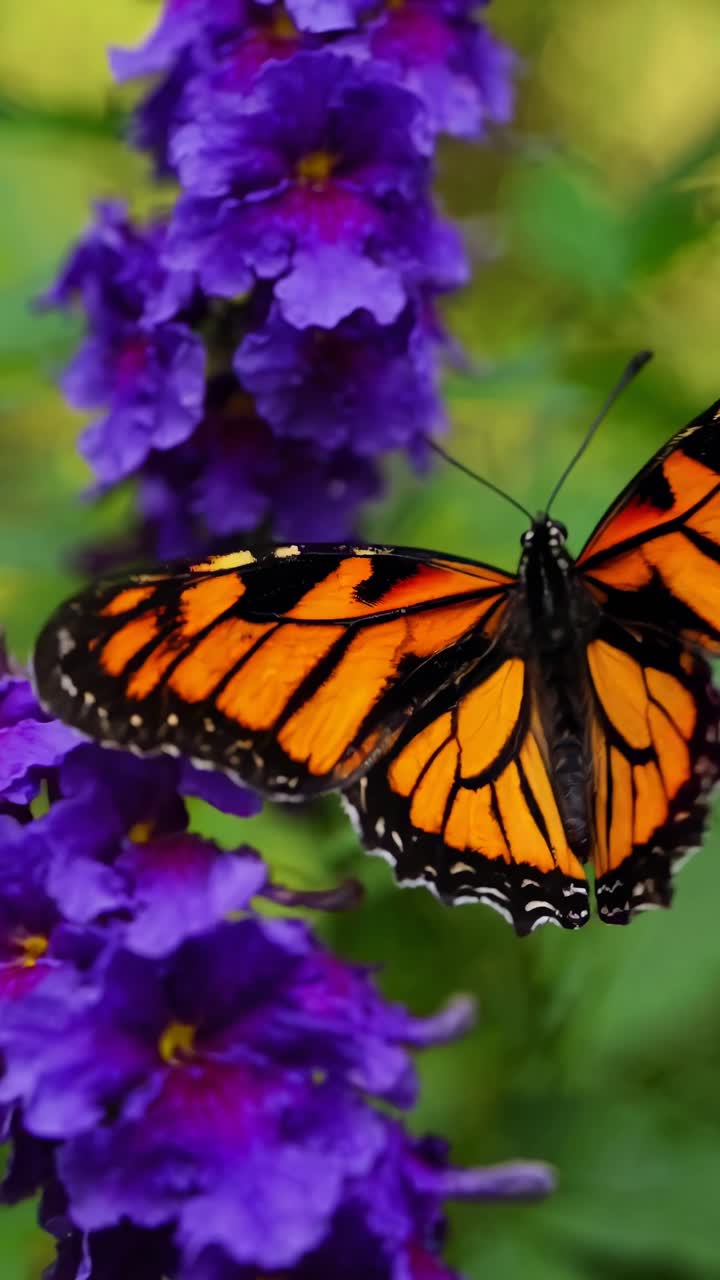 Video ravvicinato di una farfalla vivace su fiori viola, ripreso da un'angolazione laterale