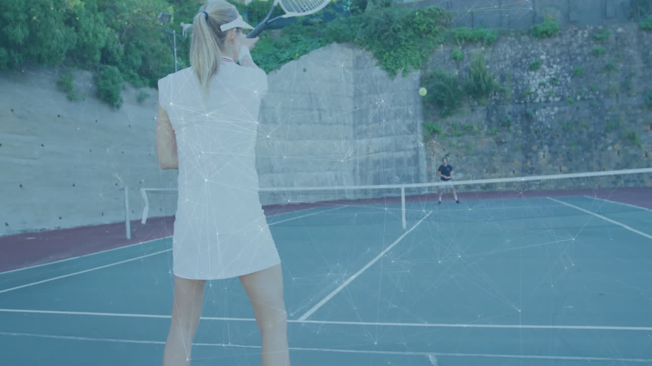 woman swinging racket on tennis court, displaying animated ball path and match stats for sports