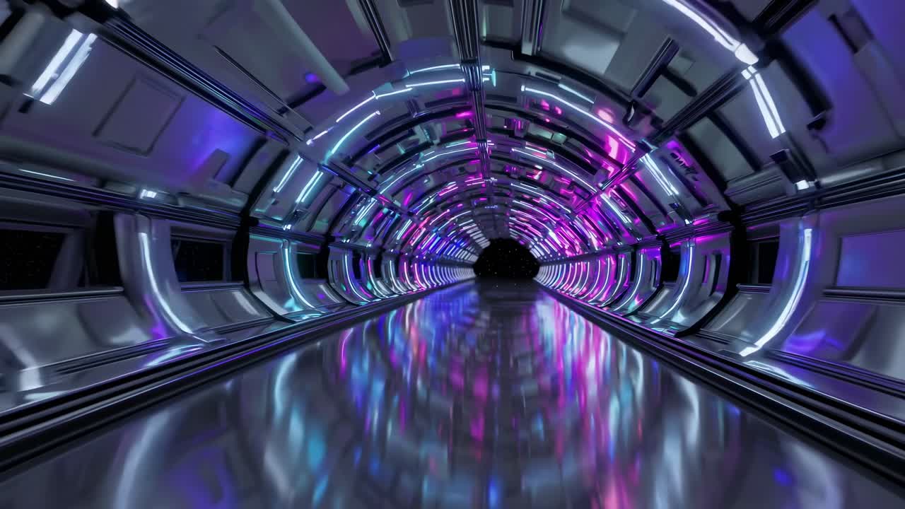 Futuristic metallic corridor of spaceship illuminated by neon lights reflecting on glossy floor creating modern and technological atmosphere
