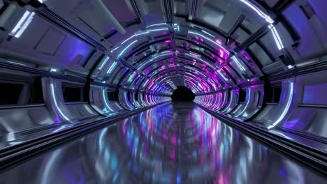futuristic metallic corridor of spaceship illuminated by neon lights reflecting on glossy floor creating modern and technological atmosphere