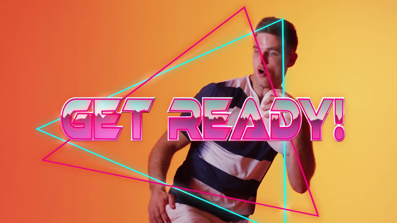 animación de prepararse texto sobre patrón de neón jugador de rugby caucásico