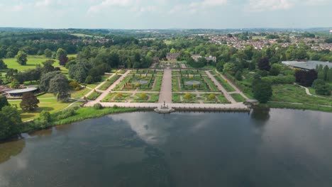 Picturesque-Landscape-Of-Trentham-Gardens-And-Lake-In-Stoke-on-Trent,-England,-United-Kingdom