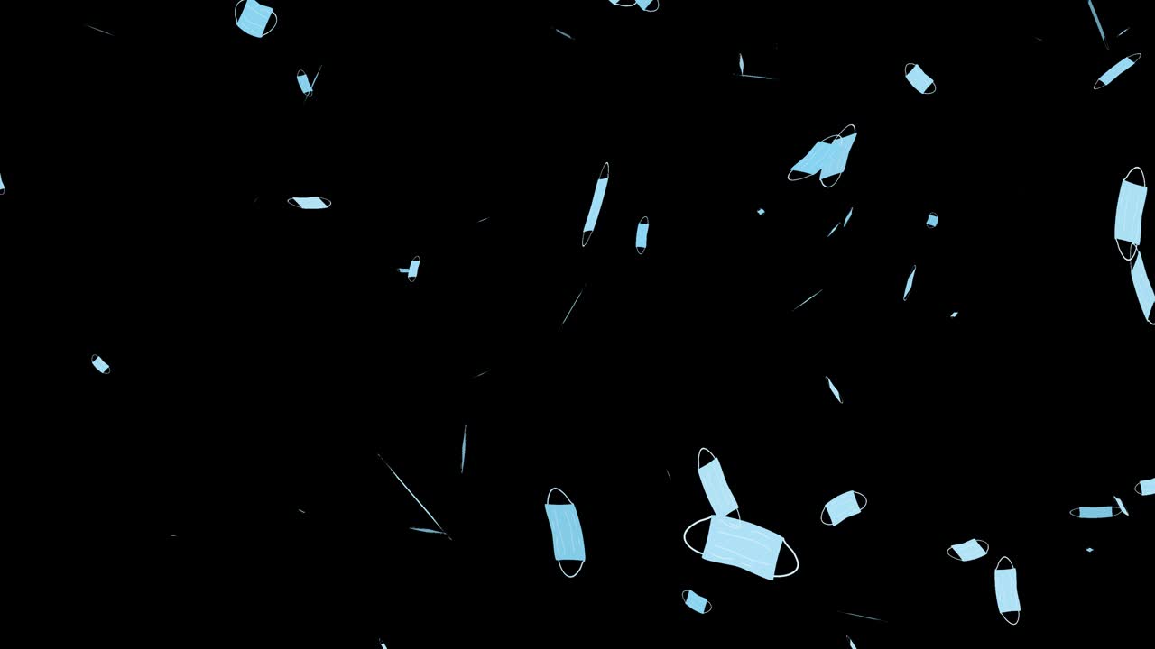 4k animation of face medical masks falling and rotating effect on black ...