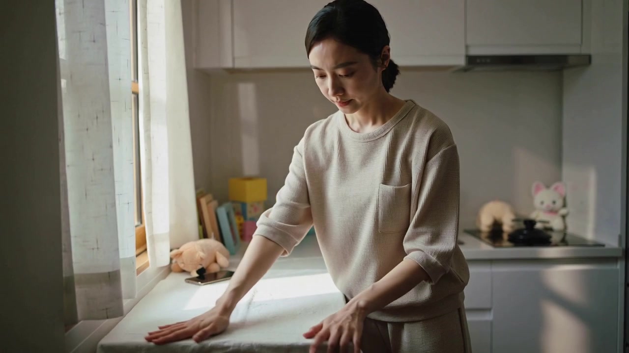 Pulling curtain, woman in sweater smoothing cloth on sunlit counter, preparing area with plush pig