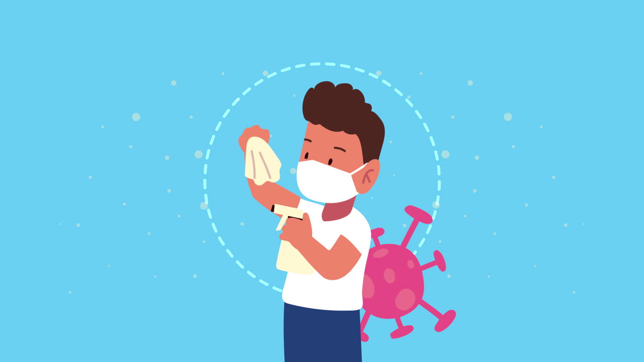 스플래시 병을 가진 작은 소년 코로나19 예방 애니메이션