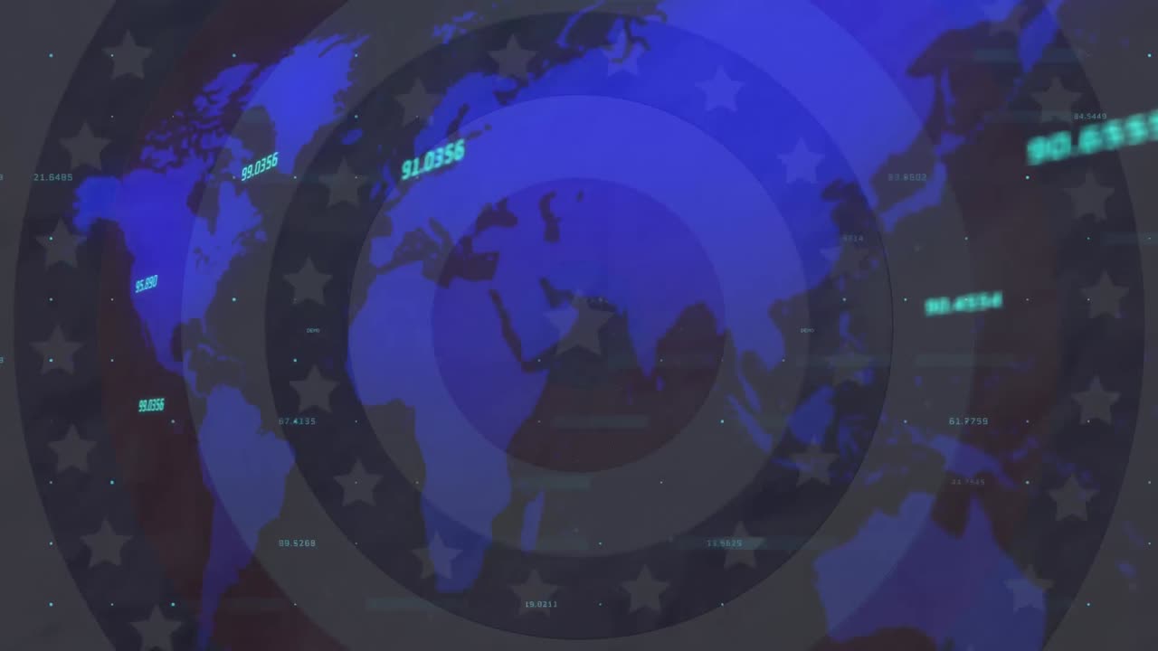 세계 지도와 미국  ⁇ 발을 형성하는 원 위에서 변화하는 숫자의 애니메이션
