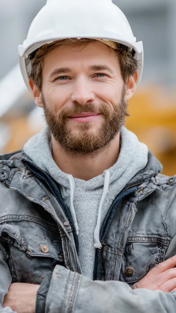 Confident Construction Worker Smiling and Ready for Action with a Hard Hat, Showcasing the Positive Spirit of the Building Industry