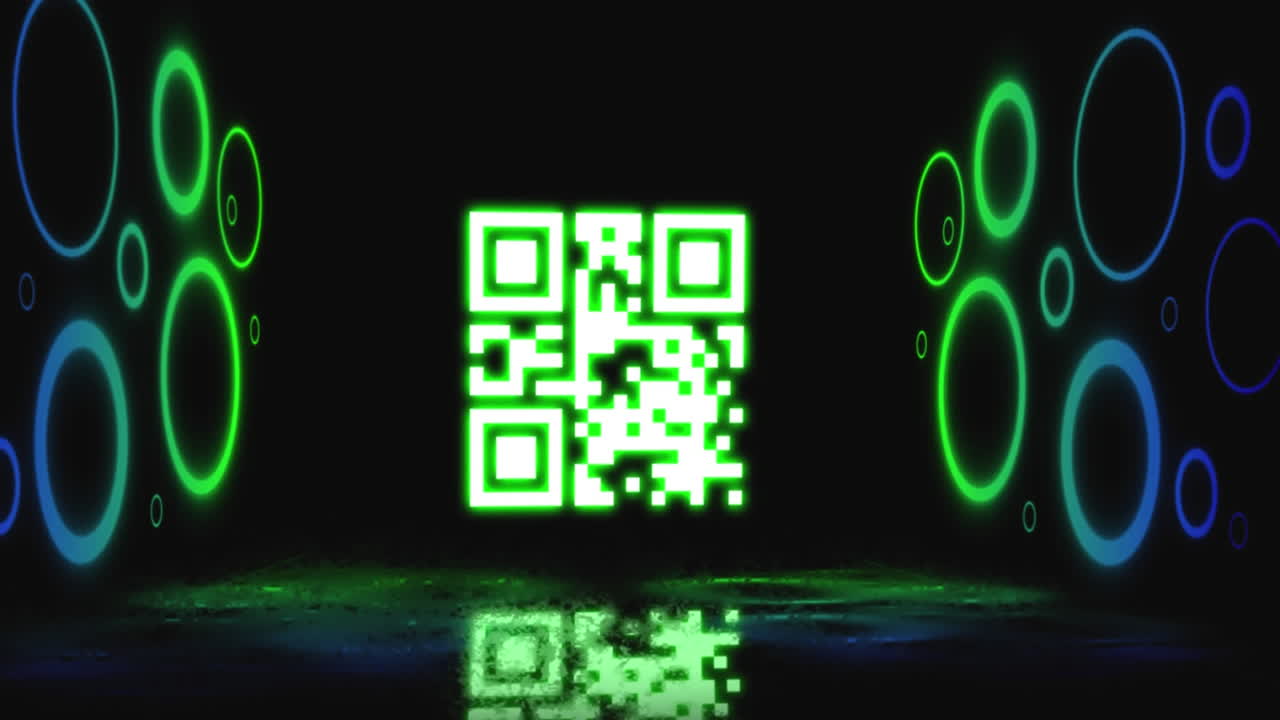 animación de un escáner de código qr verde neón parpadeante y formas circulares contra un fondo negro.