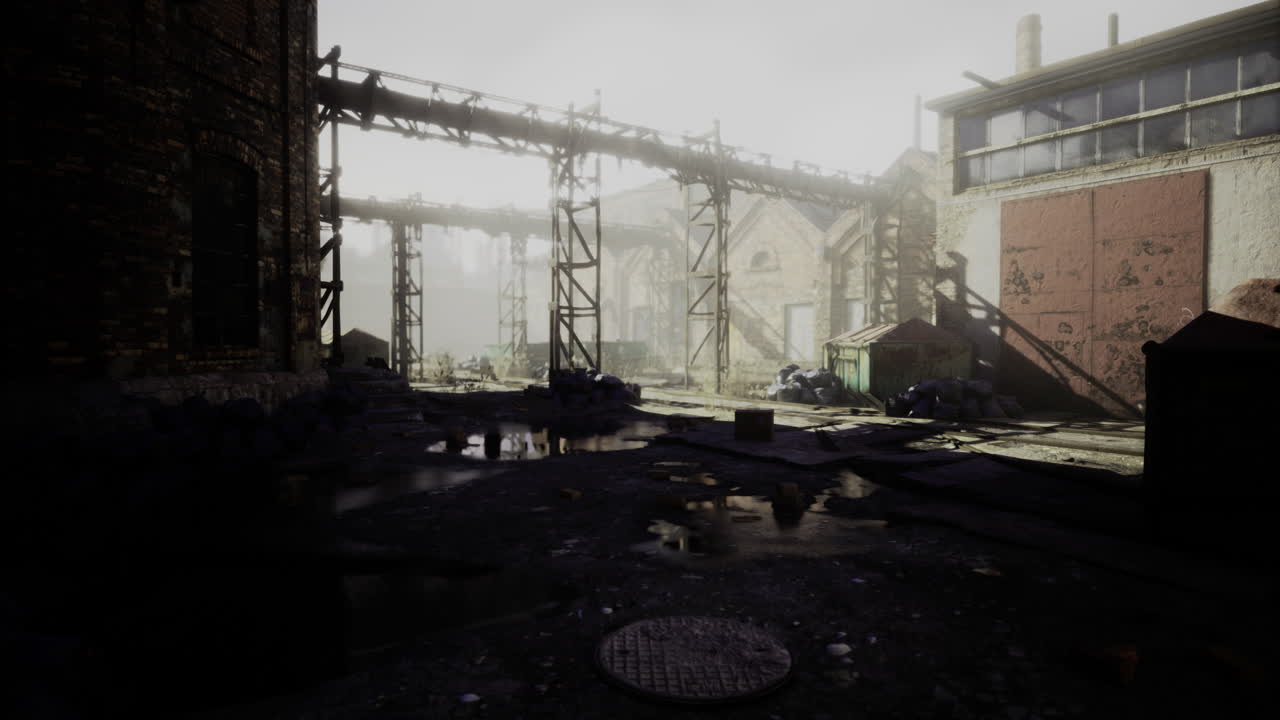Exploring an abandoned industrial site with fog and scattered debris