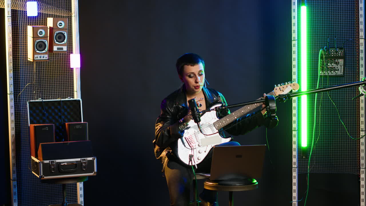 Woman playing electric guitar in a recording studio