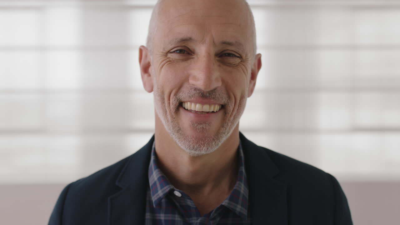 retrato en primer plano de un apuesto hombre de negocios maduro riendo feliz mirando a la cámara disfrutando del éxito