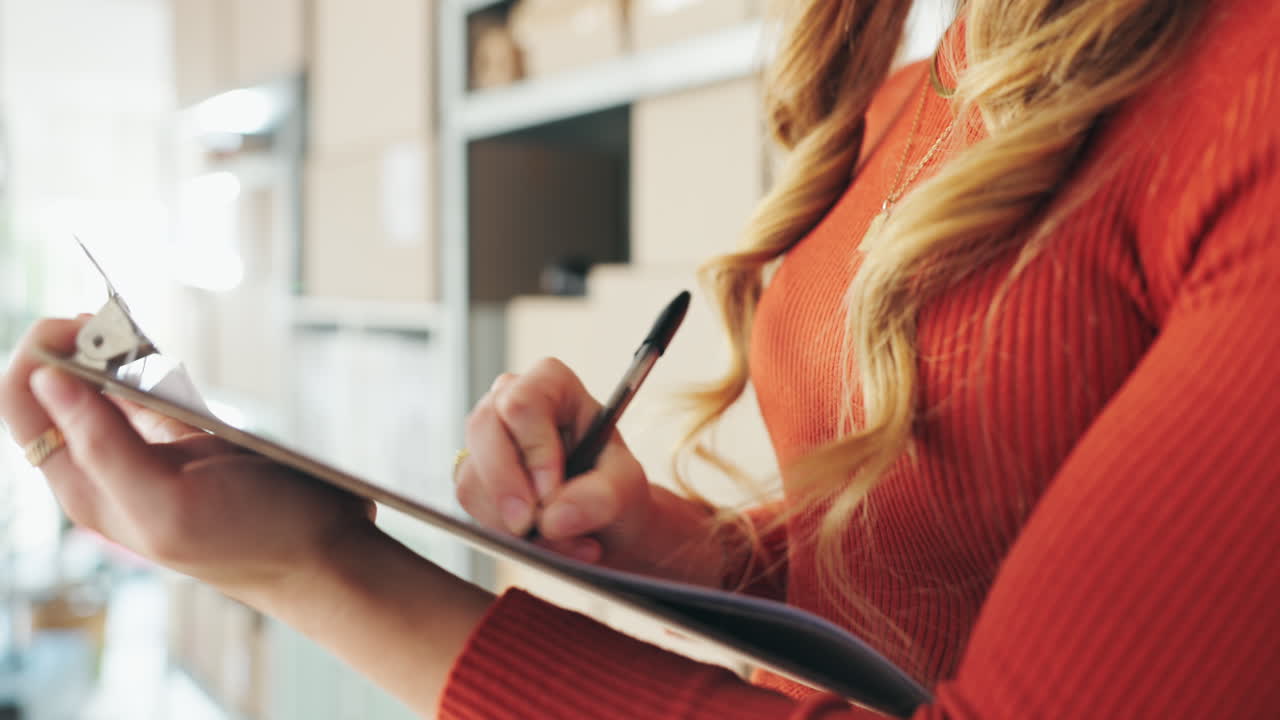 Woman writing on clipboard in warehouse