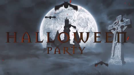 Animation-of-halloween-party-text-over-bats-flying,-graveyard-and-castle