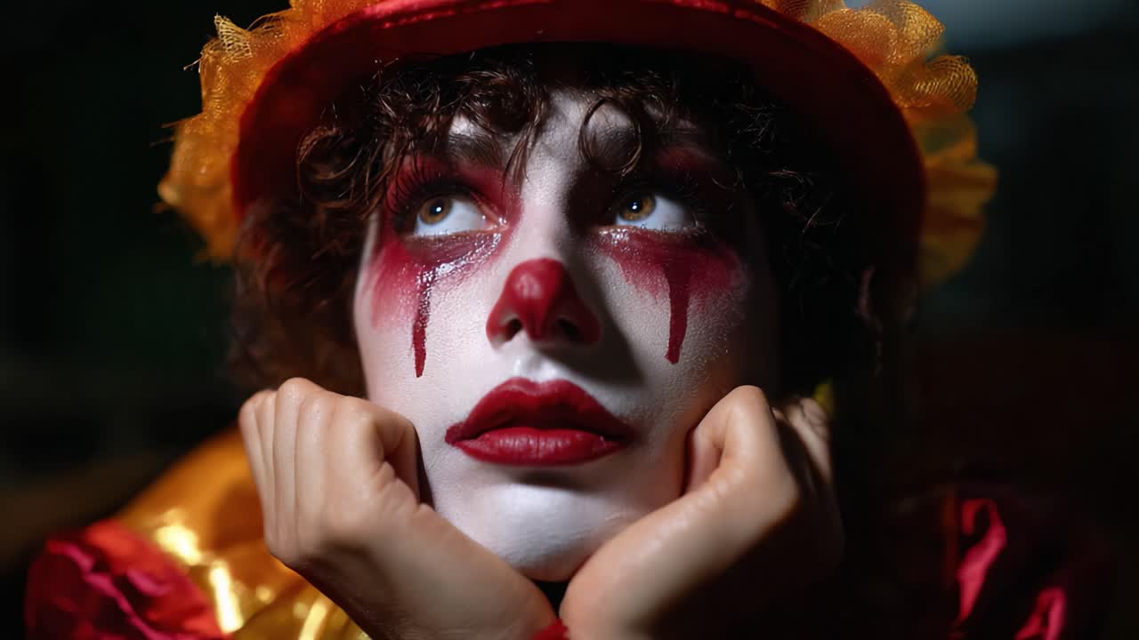 Un clown malinconico con un trucco teatrale, caratterizzato da colori vivaci ed espressioni sentite, che cattura l'essenza sia della gioia che della tristezza in un singolo momento