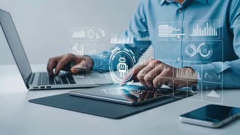 professional using an ai chatbot on a tablet for business data analysis