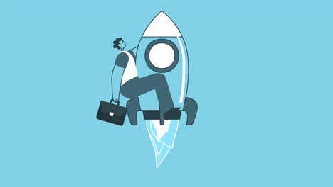 man with briefcase flying up a rocket. success and leadership concepts. flat design cartoon character isolated loop 2d animation with alpha