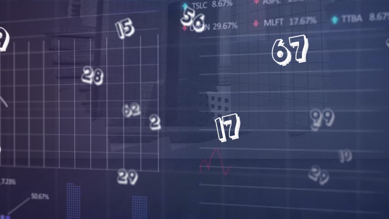 animación de números cambiantes, procesamiento de datos estadísticos y bursátiles contra la oficina vacía.