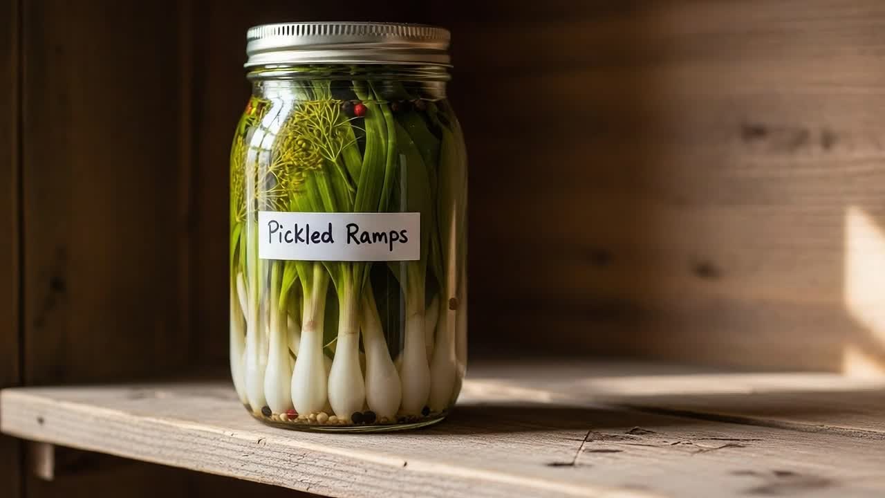 A beautifully preserved jar of pickled ramps showcases the vibrant green tops and crisp white bulbs, reflecting the art of home canning and the joy of seasonal flavors