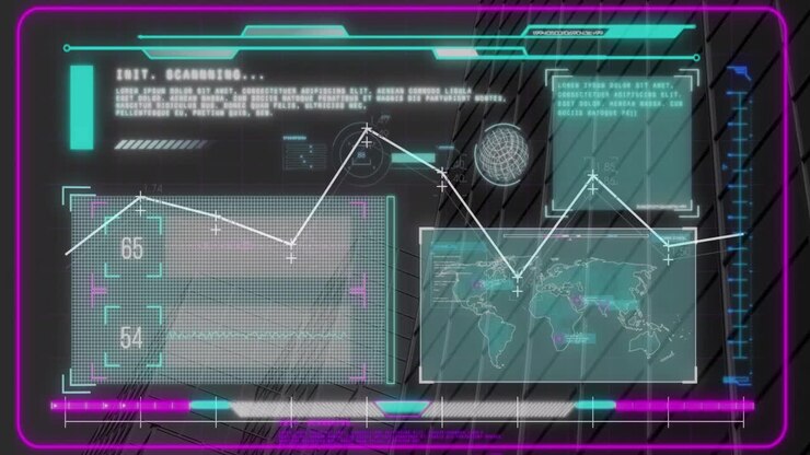 Animation of interface with data processing against tall buildings