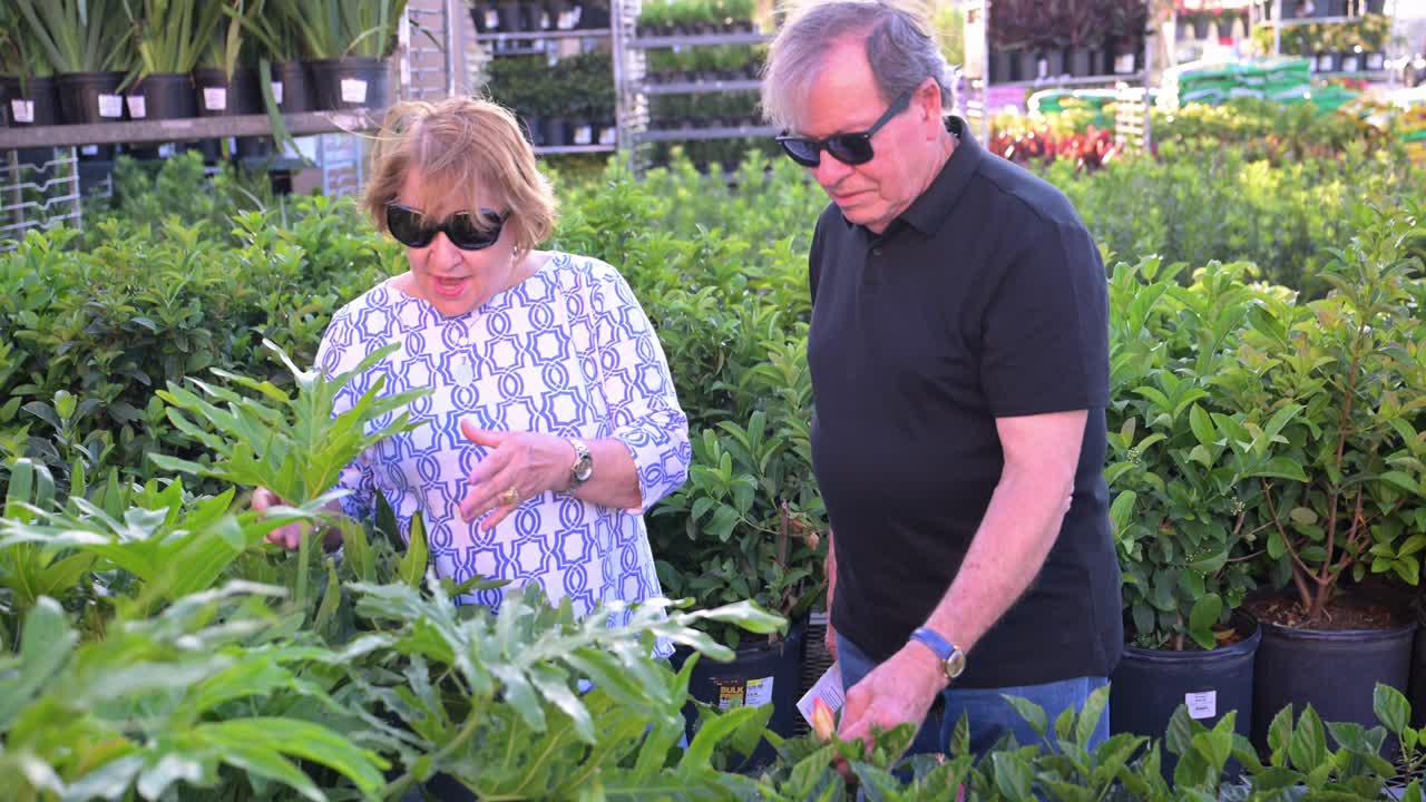 husband and wife decide on new plants for their home landscaping needs