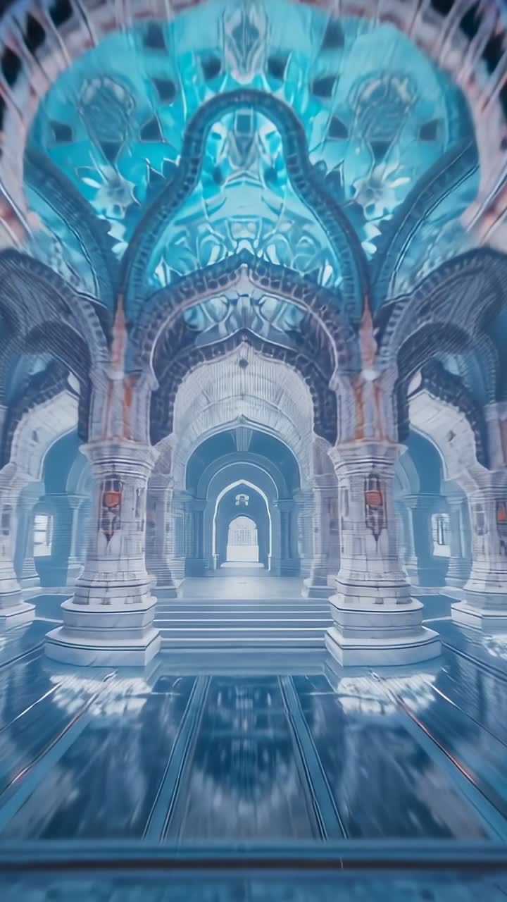 Vertical video: Dollying camera through vaulted hall between marble arches showing depth