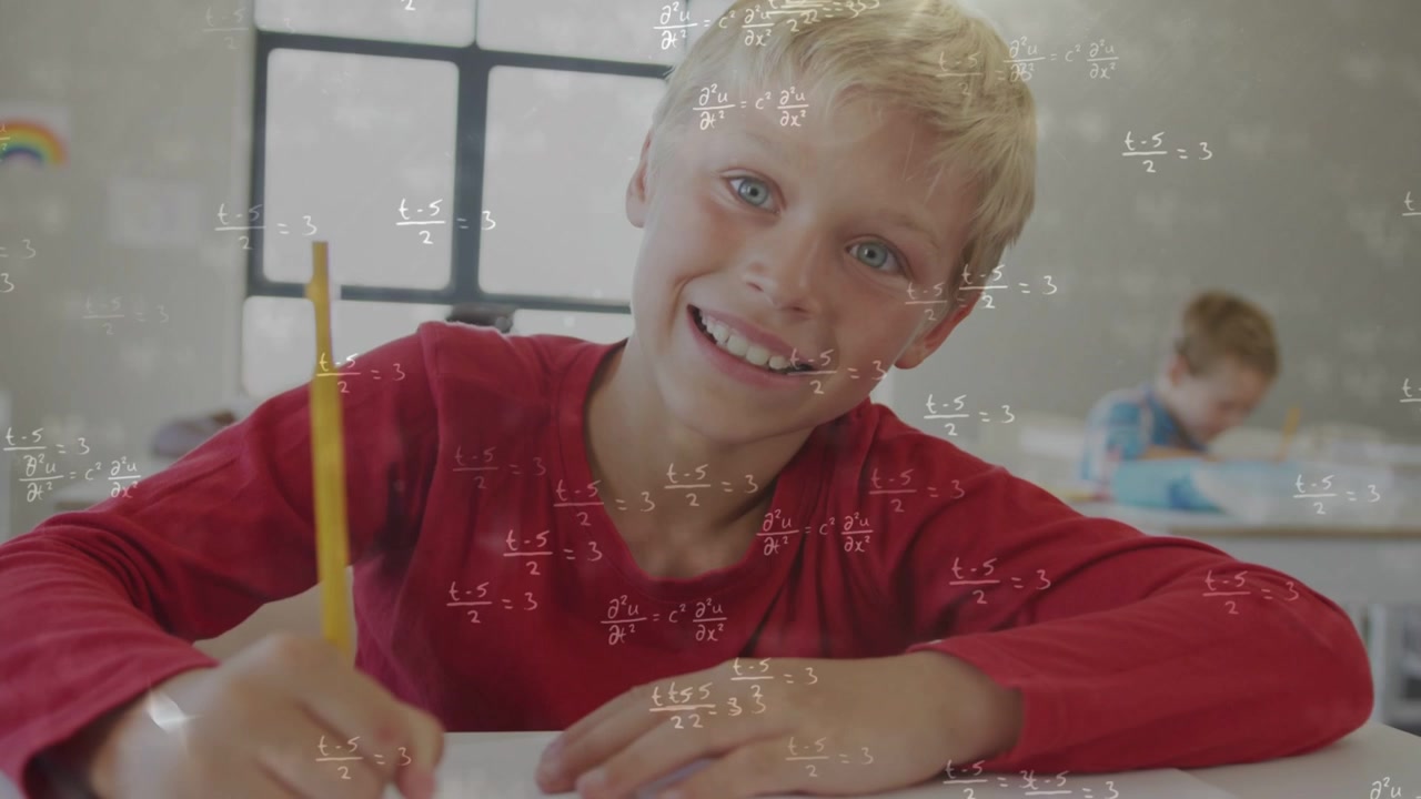 Student writing with yellow pencil in classroom initiating math overlay and solving problem smiling