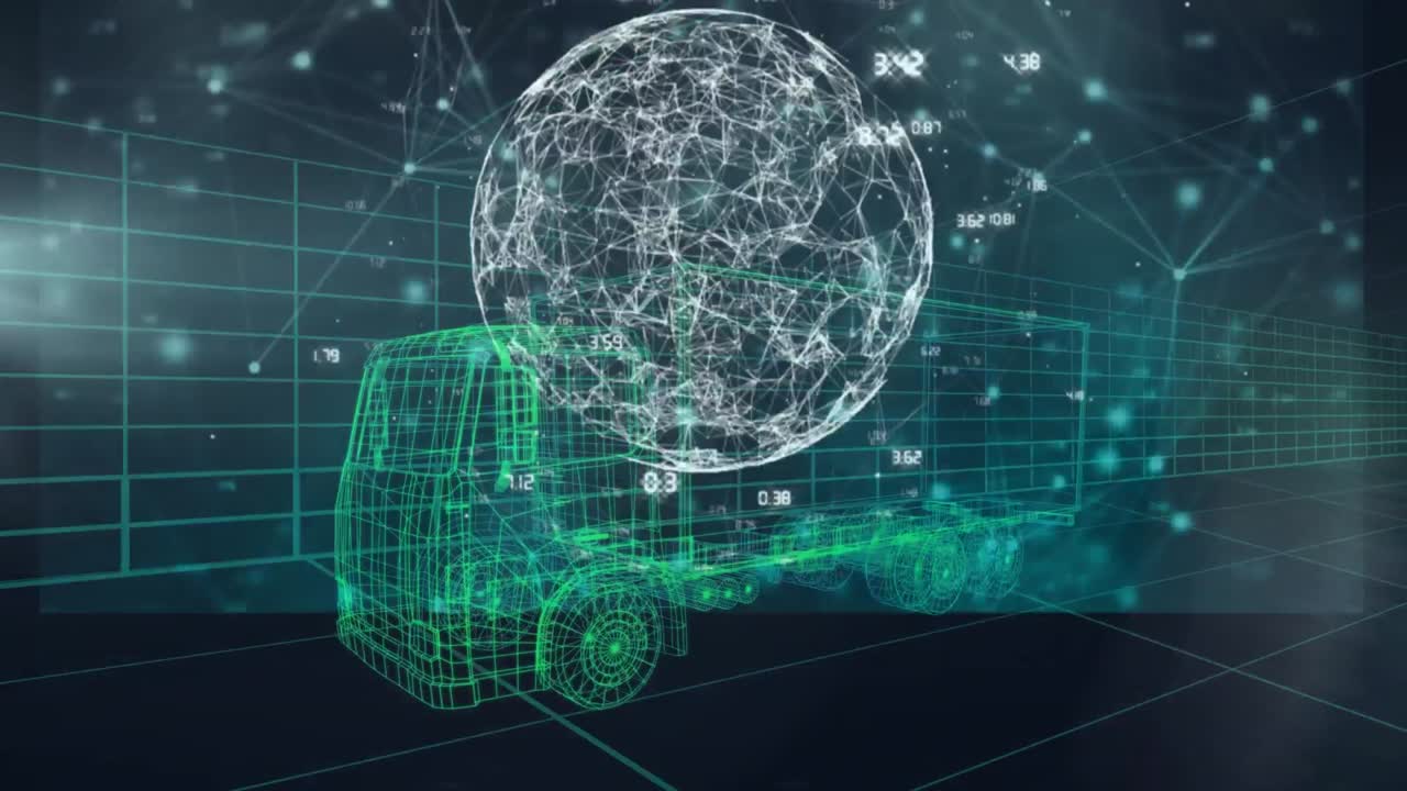 Animazione di elaborazione dati e testi su camion digitale su sfondo nero.