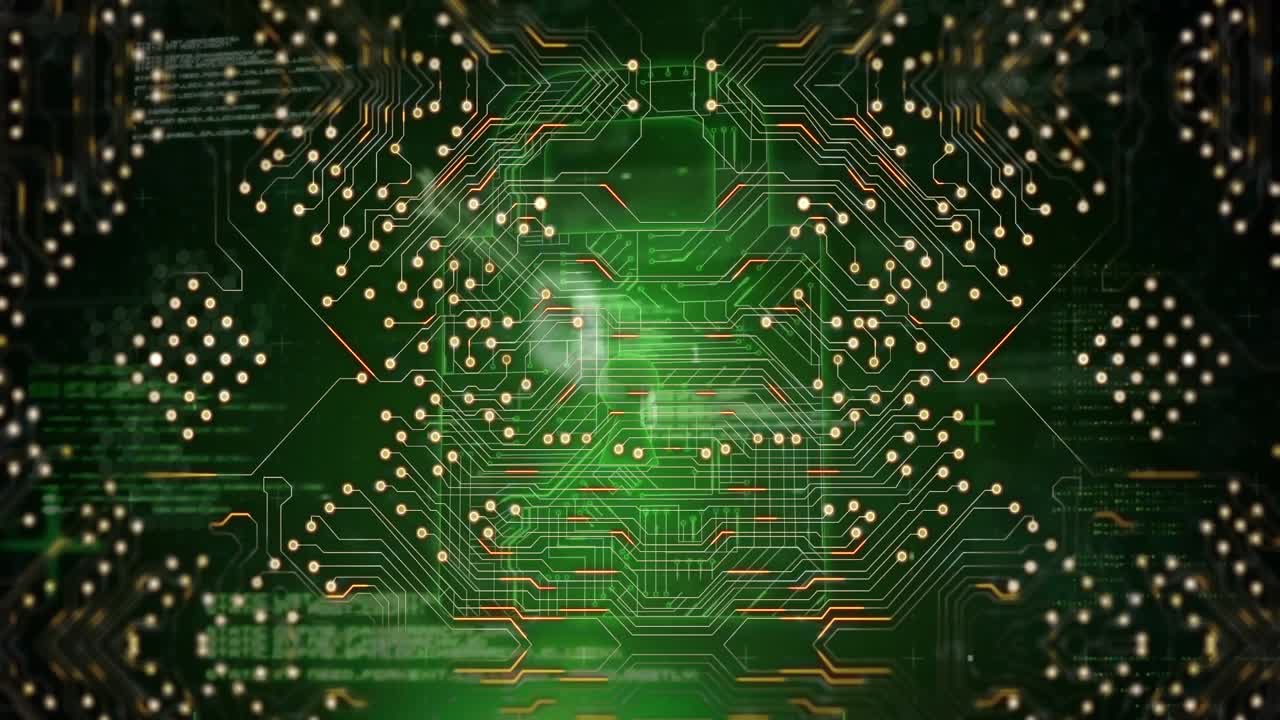 Animation af integreret kredsløb, mapper og digital hængelås på grøn digital skærm