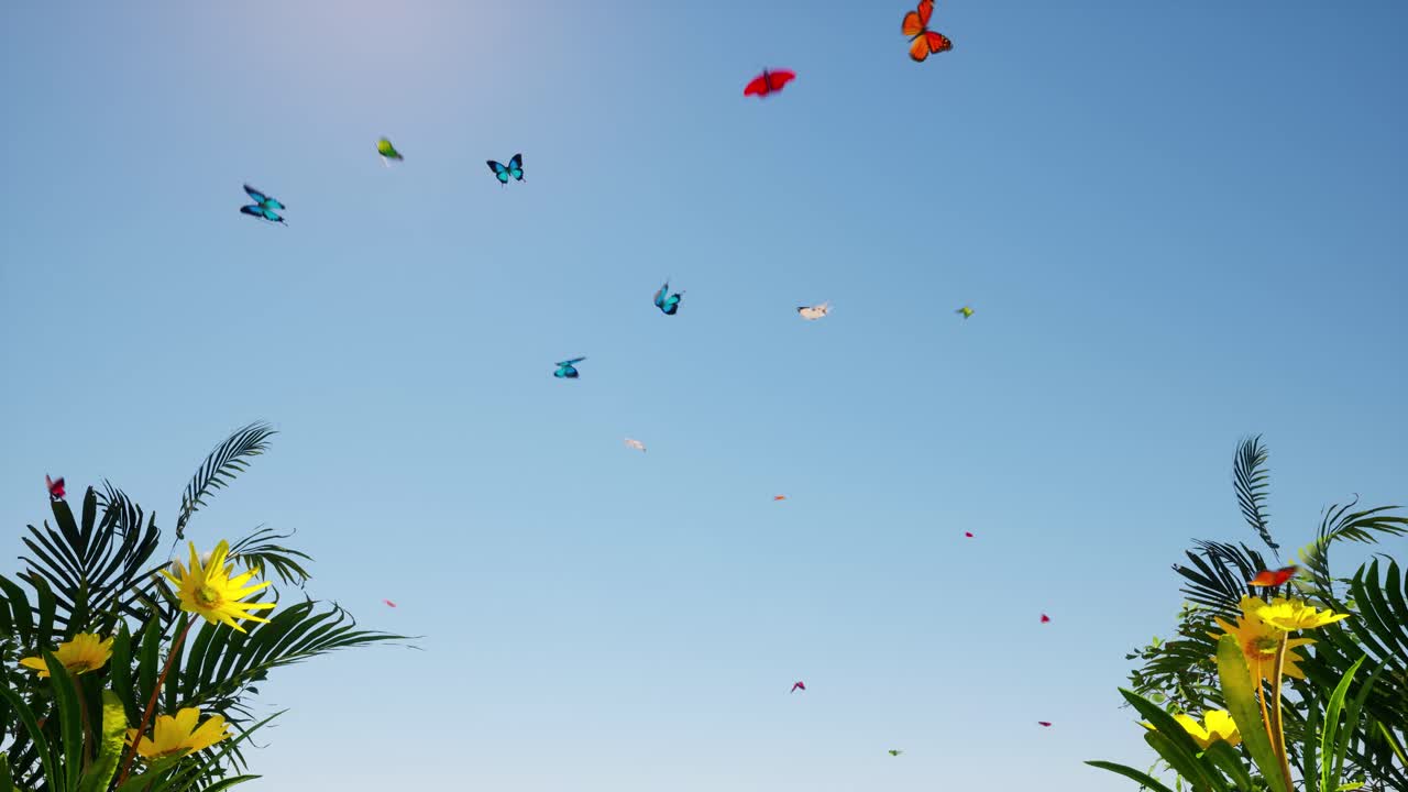 프레임 측면에 노란색 꽃이 있는 맑고 푸른 하늘에서 무작위로 날아다니는 화려한 나비, 3d 애니메이션