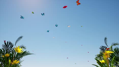 Colorful-butterflies-flying-around-randomly-on-clear-blue-sky-with-yellow-flowers-on-the-side-of-the-frame,-3D-animation