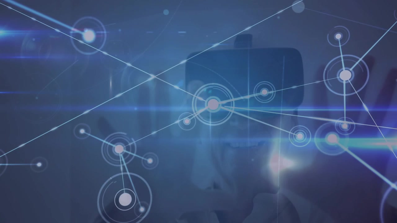 Animation of network of connections and data processing over blue background