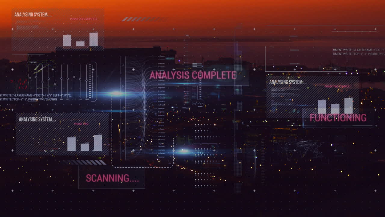 Scanning and analysis complete text animation over cityscape at sunset