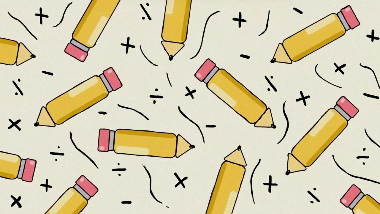 Motivo animato di matite gialle e simboli matematici