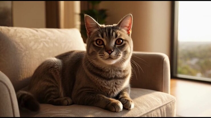 Tabby Cat Resting on a Comfortable Armchair in a Sunlit Room