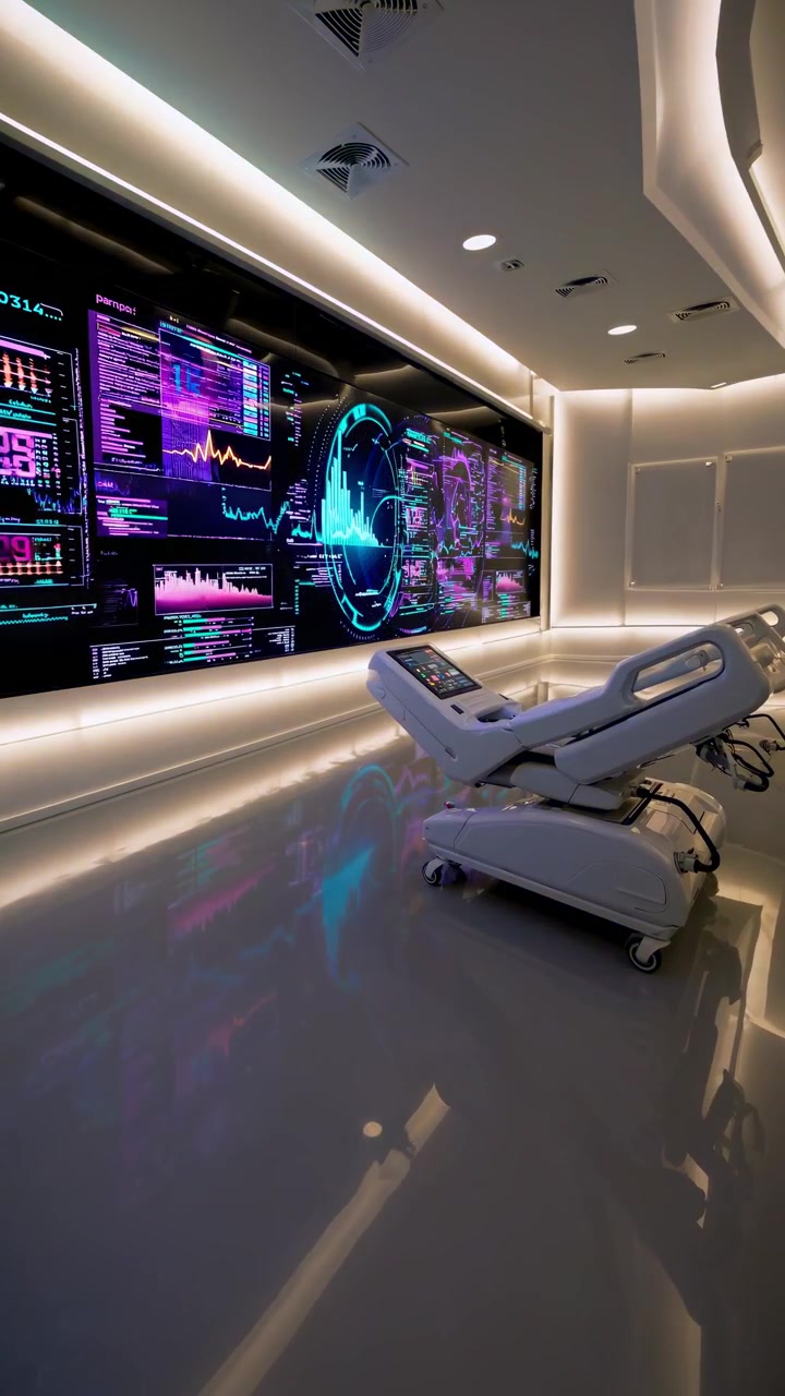 Sala medica futuristica con display di dati avanzato e lettino per esami