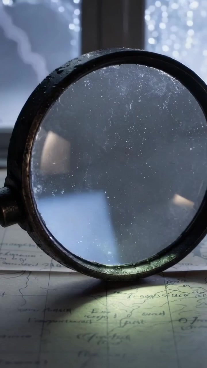Vertical video: Shifting light revealing antique magnifying glass on window ledge, exposing dust