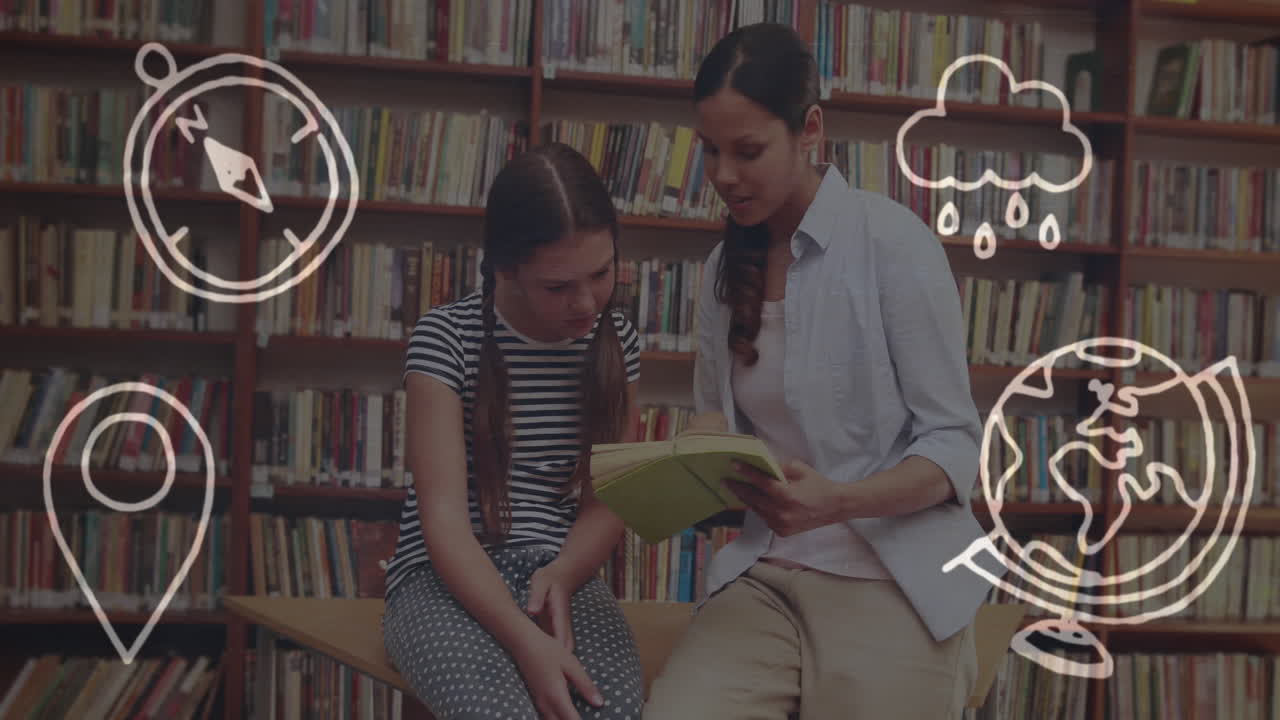 iconos del concepto de la escuela contra la maestra que enseña a la estudiante en la biblioteca