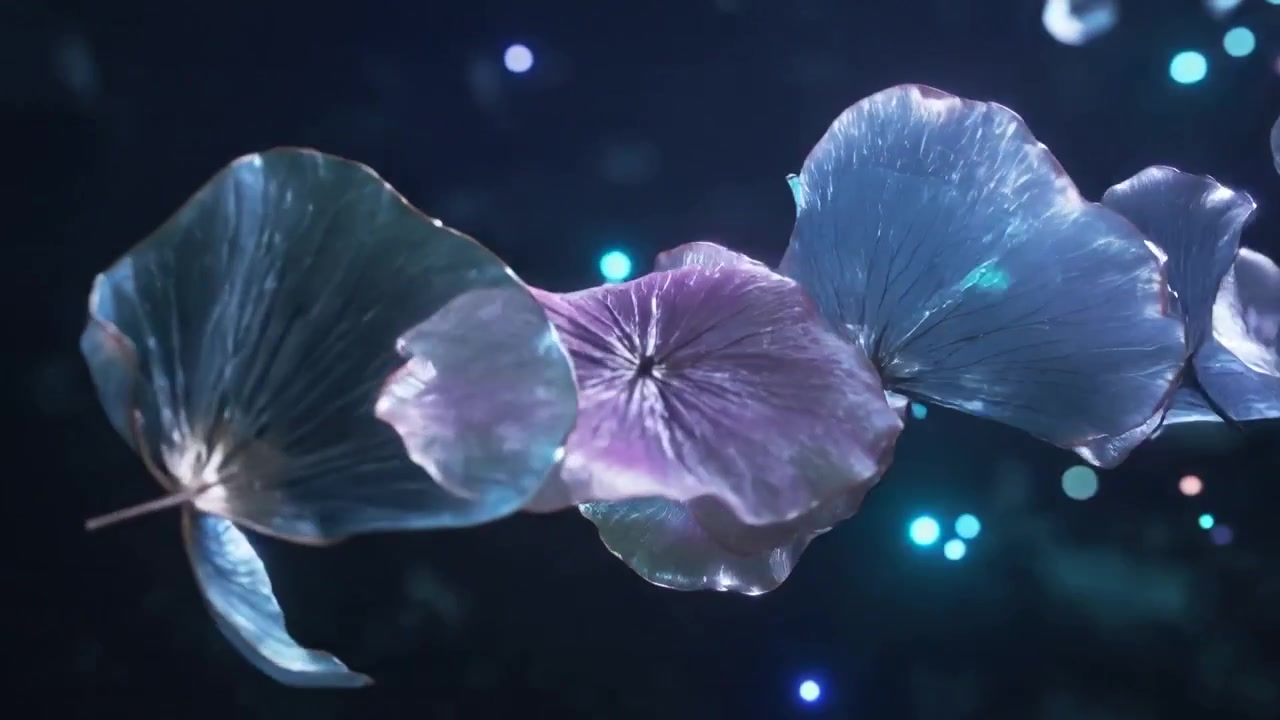 暗い背景に光沢を帯びた、透けるような花びらが左上からカメラに向かって舞い落ちる。