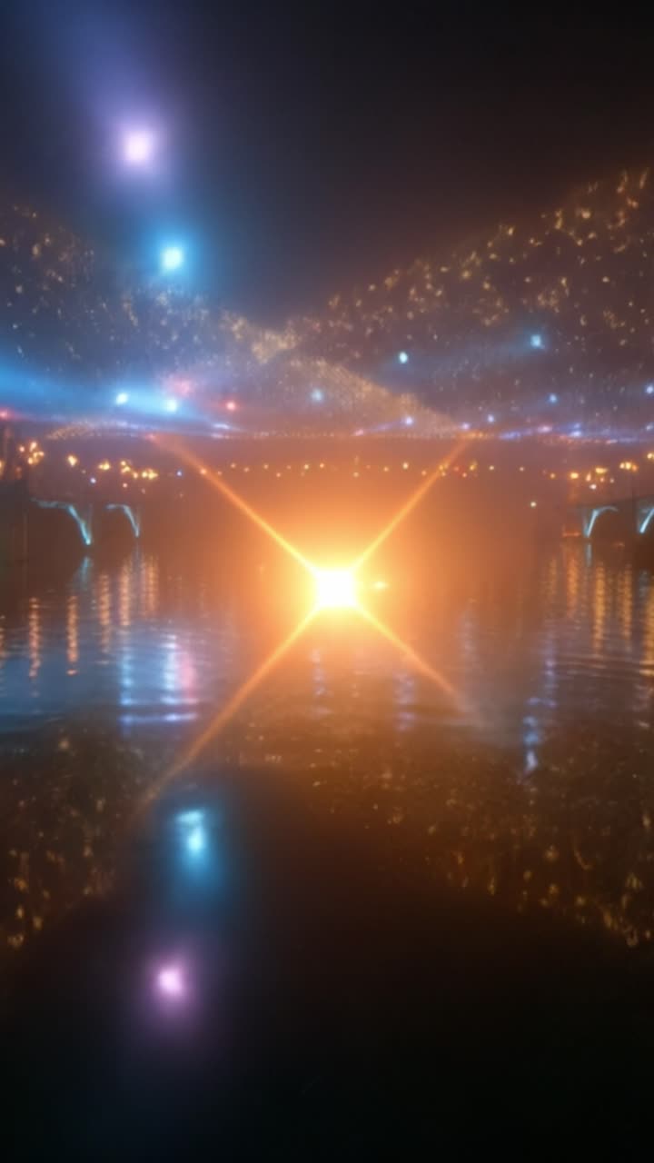 En fængslende natscene med glitrende lys, der skinner på en rolig flod, og skaber en fascinerende atmosfære fyldt med farver og refleksioner.