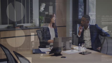 animation of financial data processing over diverse business people working in office