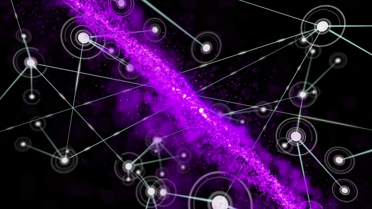Animation of dots connected with lines over purple particles forming abstract pattern